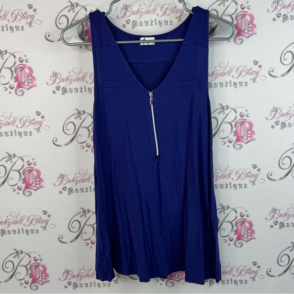 Thyme tank top half zip pleated detail royal Navy Blue Zippered Tank Top